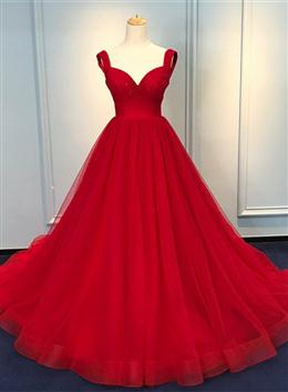 Picture of Red Color Sweetheart Straps Long Ball Gown Evening Dresses, Red Color Tulle Formal Dresses